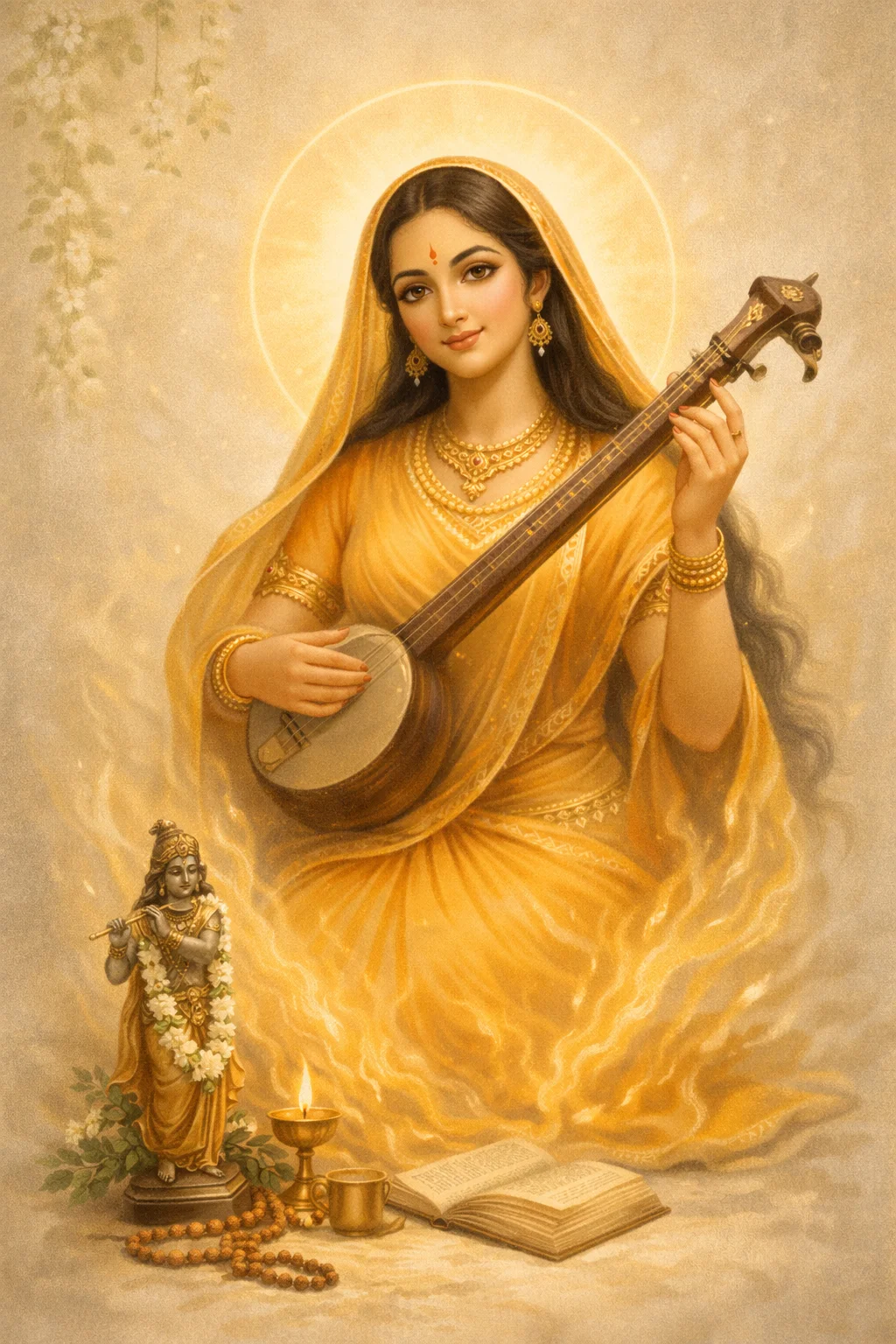 Mirabai with her veena, accompanied by Krishna