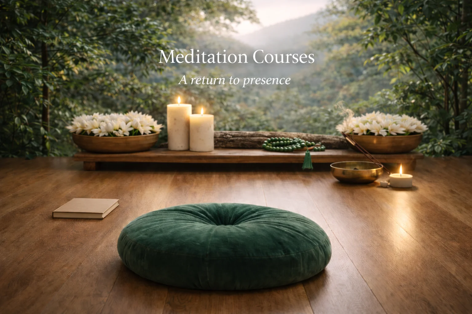 Guided meditation courses - serene meditation space with cushions and candles for mindfulness and emotional balance practices